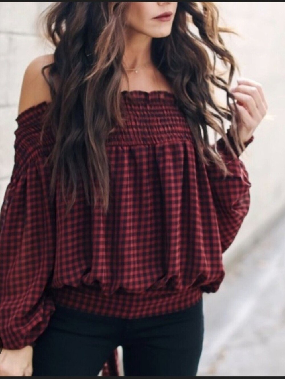Vici Red & Black Plaid Off-Shoulder Smocked Top...Size:Small